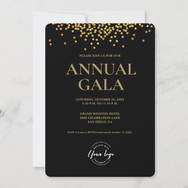 Custom Black Gold confetti logo Gala corporate Invitation (Front)