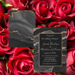 Custom Black Gold Foil Agate Wedding Invitations