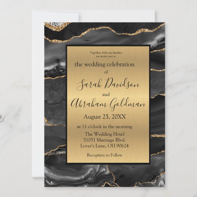 Custom Black Gold Foil Agate Wedding Invitations (Front)