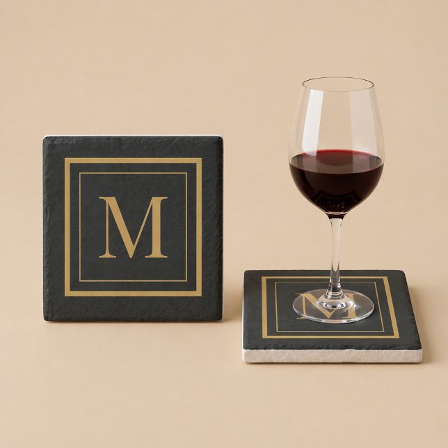 Custom Black & Gold Framed Monogram Stone Coaster (Creator Uploaded)