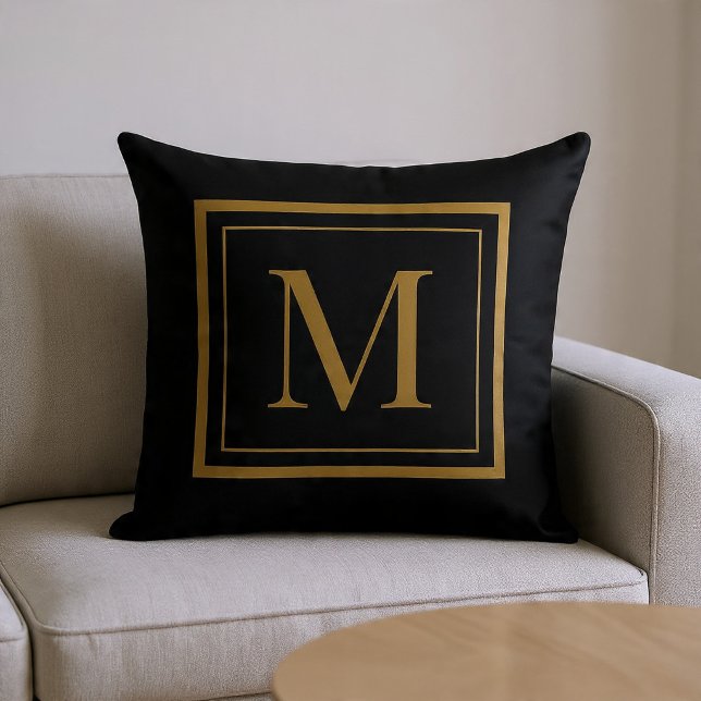 Custom Black & Gold Framed Monogram Throw Pillow (Creator Uploaded)