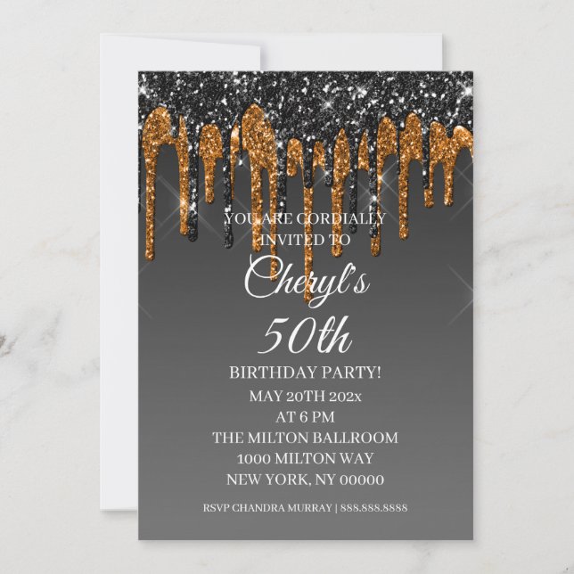 Custom Black & Gold Glitter Drip Happy Birthday Invitation (Front)
