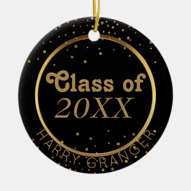 Custom Black Gold Graduation Class of Keepsake Ceramic Ornament (Front)