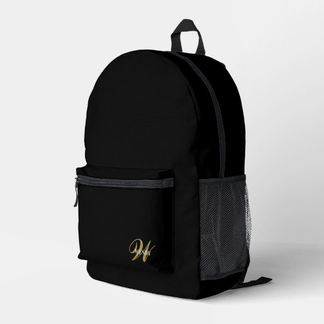 Custom Black Gold Initial l Elegant Minimalist  Printed Backpack (Back Corner Right)