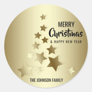 Custom Black Gold MERRY CHRISTMAS Tree Lights Classic Round Sticker