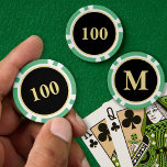 Custom Black Gold Monogram 100 Tournament Game Poker Chips<br><div class="desc">Create your own custom, personalized, 100 denomination, modern faux gold monogram on black background, monogrammed christmas green poker chips, in 9 vibrant colours, and featuring textured surface for easy stacking. Simply type in your initials / monogram, to customize. You may even change the denomination from 100 to one of your...</div>