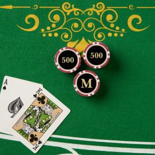 Custom Black Gold Monogram 500 Tournament Game Red Poker Chips