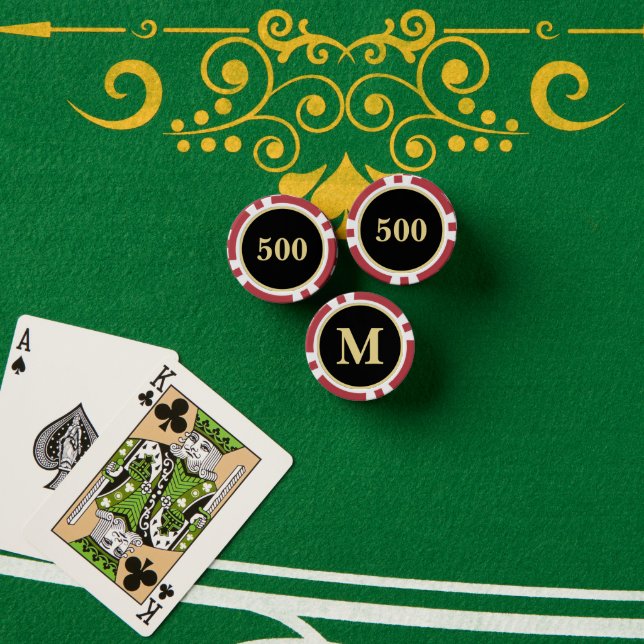 Custom Black Gold Monogram 500 Tournament Game Red Poker Chips (Poker Table (Stack))