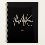 Custom Black Gold Monogram Initial Name Minimalist Planner<br><div class="desc">Personalize and add your name,  monogram initials,  and year. (any year) golden and white letters. The name is written with a hand lettered style script.</div>