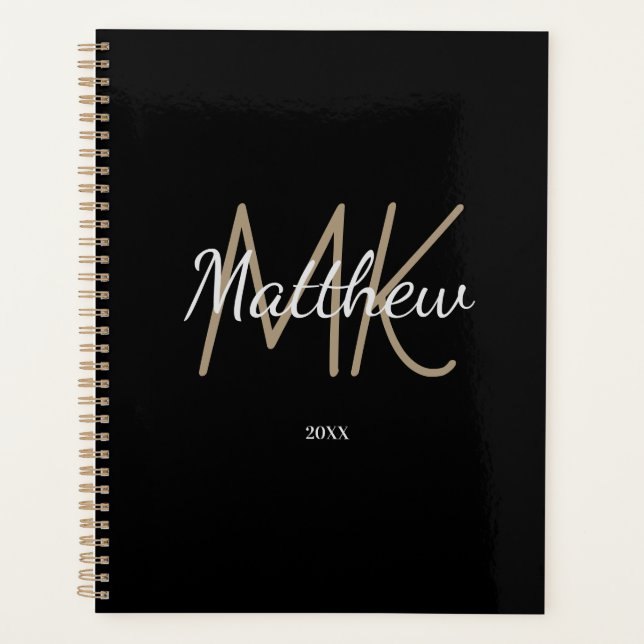 Custom Black Gold Monogram Initial Name Minimalist Planner (Front)