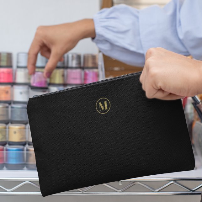 Custom Black Gold Monogram Minimalist Makeup  Accessory Pouch (Creator Uploaded)