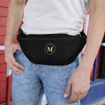Custom Black Gold Monogrammed Cool Waist Crossbody Fanny Pack<br><div class="desc">Create your own custom, personalized, modern faux gold script / typography monogram monogrammed on black, durable Polyester Poplin, adjustable black waist cross body strap, men women travel city fanny pack, with matching zip closure, and inside, a mesh divider, three card holders, and a zippered internal pocket, and at the back...</div>
