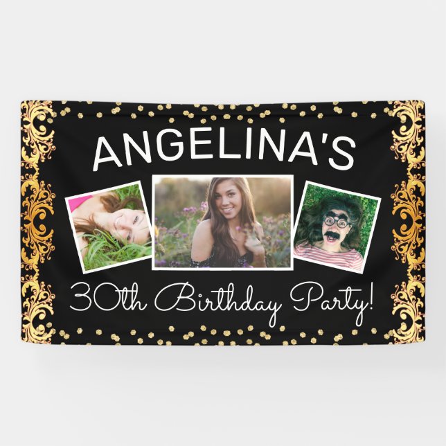 Custom Black & Gold Photo Birthday Party Banner (Horizontal)