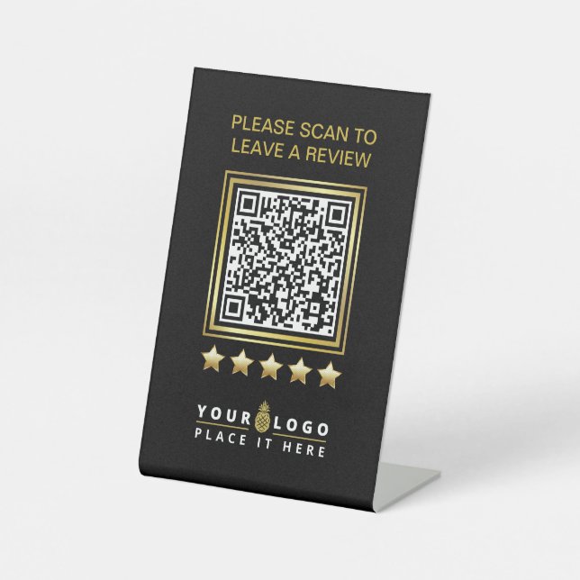 Custom Black Gold QR Company Business Logo Review Pedestal Sign (Front)