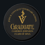 Custom Black Gold Veterinary School Graduation Magnet<br><div class="desc">This chic black personalized veterinary medicine school graduation party magnet features the college graduate name in elegant gold script for the class of 2025. Customize with your university under the veterinarian medical caduceus for a great graduation gift for a DVM.</div>