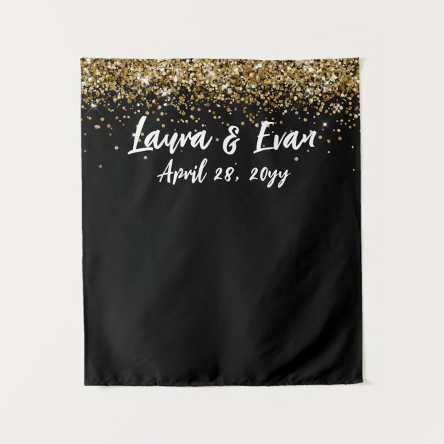 Custom Black Gold & White Wedding Photo Booth Prop Tapestry (Front)
