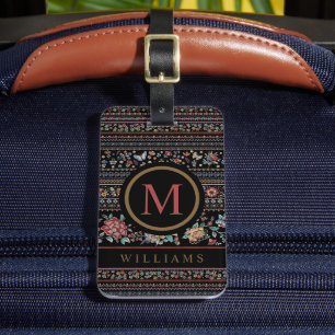 Custom Black Grey Brown Floral Aztec Pattern Luggage Tag