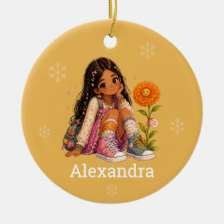 Custom Black Hair Girl Name Ceramic Ornament