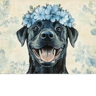 Custom Black Labrador Blue Floral Greeting Card
