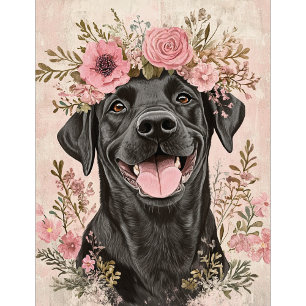 Custom Black Labrador Pink Floral Greeting Card