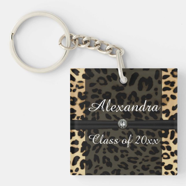 Custom Black Leopard Ribbon Jewel Girl Graduation Keychain (Front)