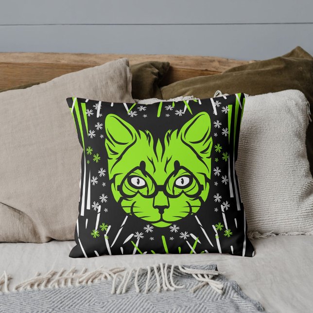 Custom Black Lime White Black Modern Cat Pattern  Throw Pillow (Creator Uploaded)