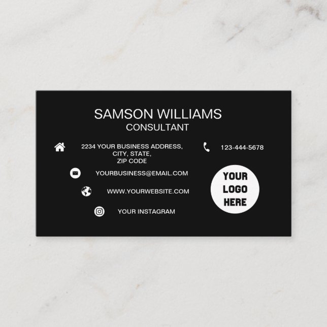 Custom Black Logo Minimalist Social Media Icons Business Card (Front)