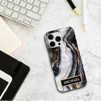Custom Black Marble Gold Print Trendy Personalized iPhone 16 Pro Max Case