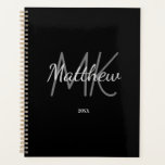 Custom Black Monogram Initial Name Minimalist Year Planner<br><div class="desc">Personalize and add your name,  monogram initials,  and year. (any year) golden and white letters. The name is written with a hand lettered style script.</div>