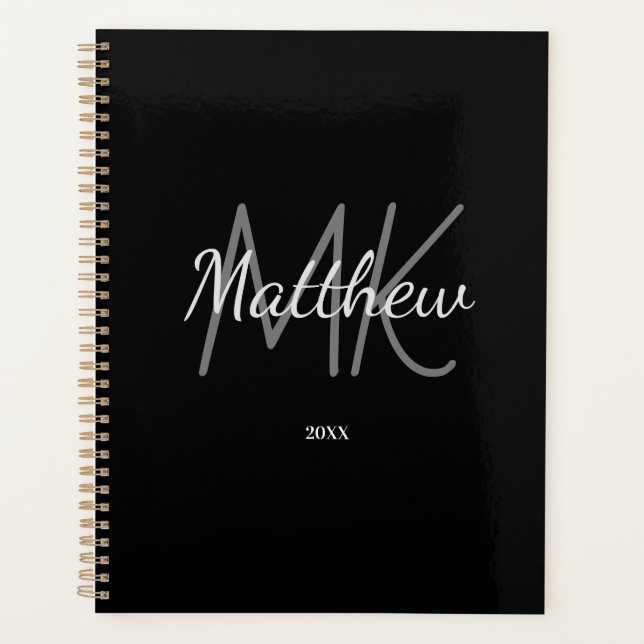 Custom Black Monogram Initial Name Minimalist Year Planner (Front)