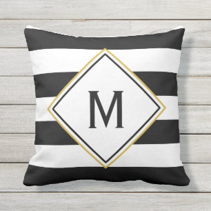 Custom Black Monogram with Black and White Stripes Outdoor Pillow