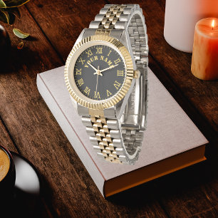 Custom Black Monogrammed Gold Silver Tone Bracelet Watch