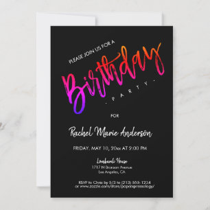 Custom Black Neon Minimal Script Birthday Party Invitation