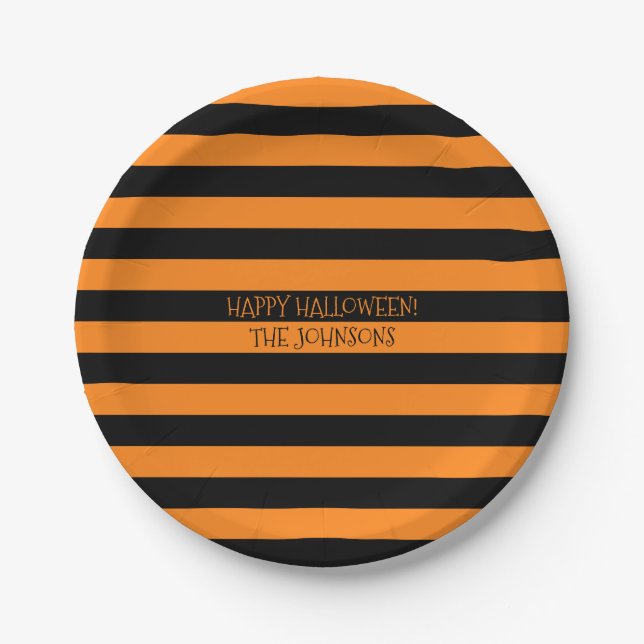 Custom black & orange Halloween party paper plates (Front)