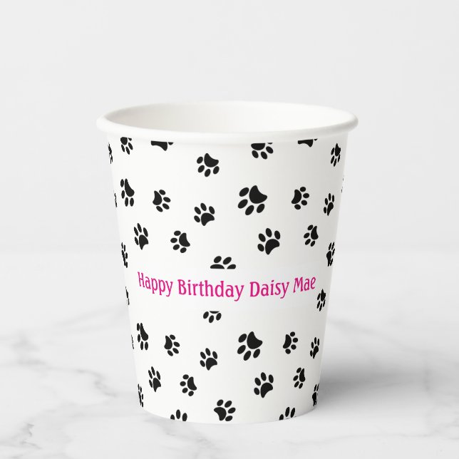 Custom Black Paw Prints Pink Pet Birthday Party Paper Cups (Front)