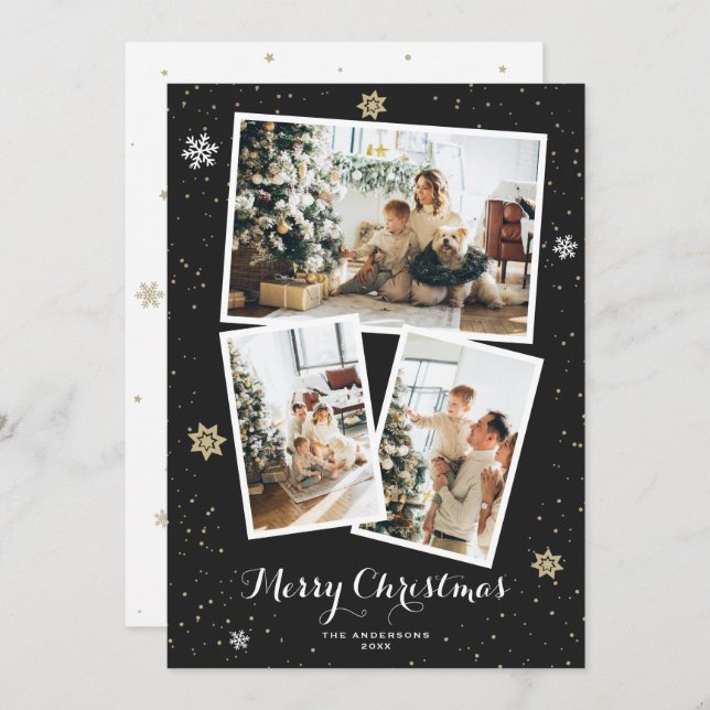 Custom Black Photo Collage Merry Christmas Cards (Front/Back)