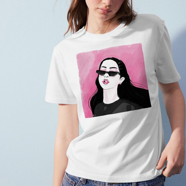 Custom Black Pink Modern Girl Graphic Printed T-Shirt (Creator Uploaded)