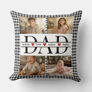 Custom Black Plaid Modern 4 Photo Collage Dad Gift Throw Pillow