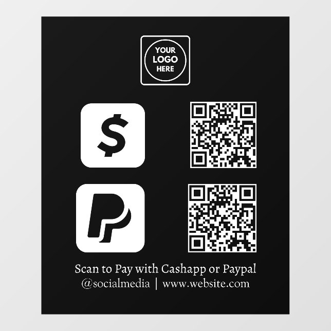 Custom Black QR Payment | CashApp & PayPal Display Window Cling (Sheet)