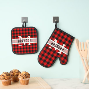 Custom Black Red Buffalo Lumberjack Plaid Pattern Oven Mitt & Pot Holder Set