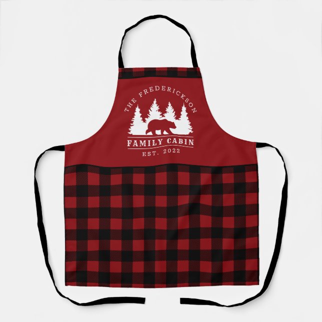 Custom Black Red Buffalo Plaid Family Cabin Apron (Front)