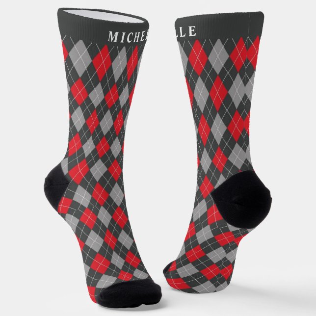 Custom Black Red Grey Argyle Pattern Socks (Angled)