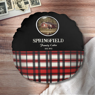 Custom Black Red Plaid Farmhouse Style Round Pillow