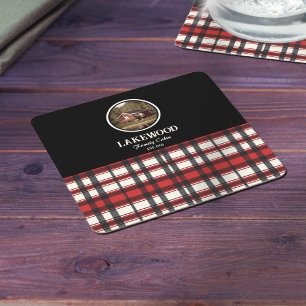 Custom Black Red Plaid Farmhouse Style Square Paper Coaster