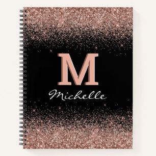 Custom Black Rose Gold Glitter Monogram Notebook