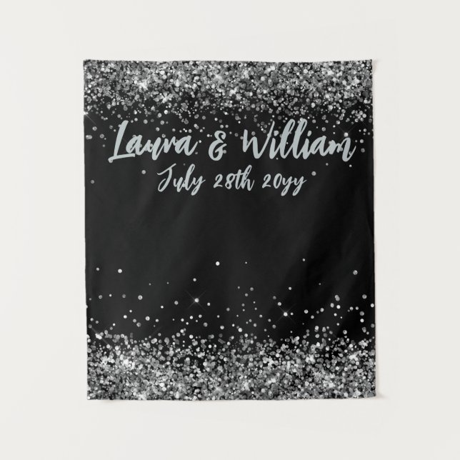 Custom Black & Silver Glitter Wedding Photo Booth  Tapestry (Front)