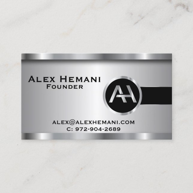 Custom - Black Silver Steel Monogram Business Card (Front)