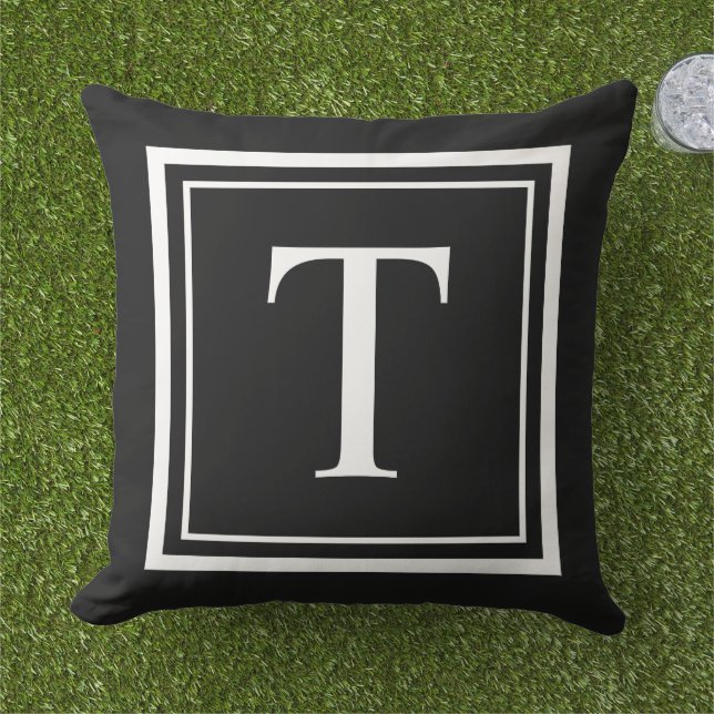 Custom Black Square Monogram Initial Letter Outdoor Pillow (Grass)