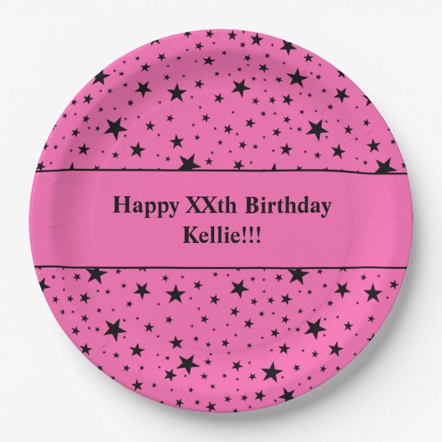 Custom Black Stars With Message Birthday Party Paper Plate (Front)