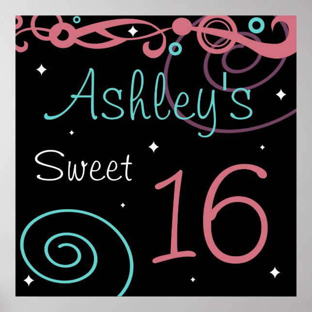 Custom Black Sweet 16 Birthday Party Wall Decor (Front)